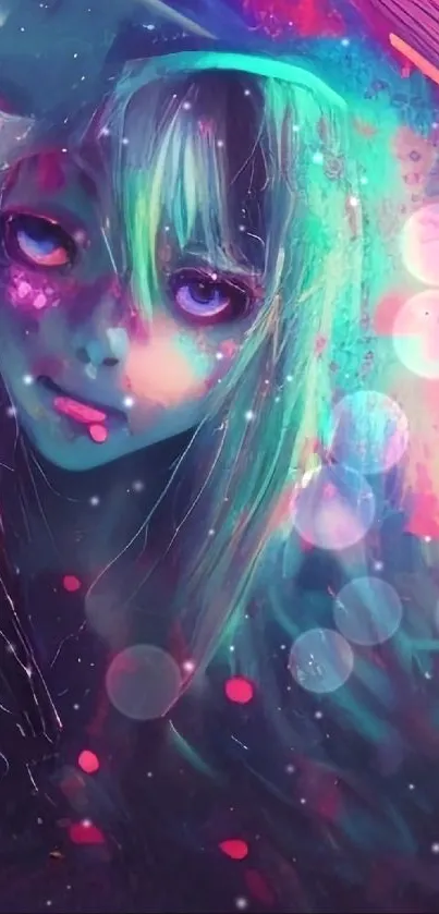 Vibrant anime girl with neon colors in artistic wallpaper design.