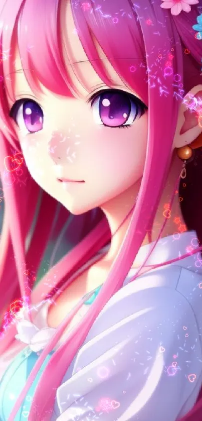 Anime girl with pink hair and purple eyes, featuring a floral headband.