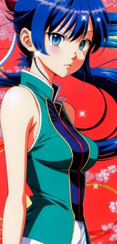 Anime girl with blue hair and vibrant red background.