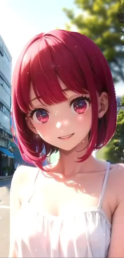 Anime girl with red hair in a sunny street setting.