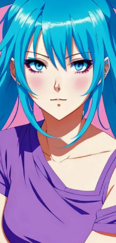 Anime girl wallpaper with aqua-blue hair and purple top.