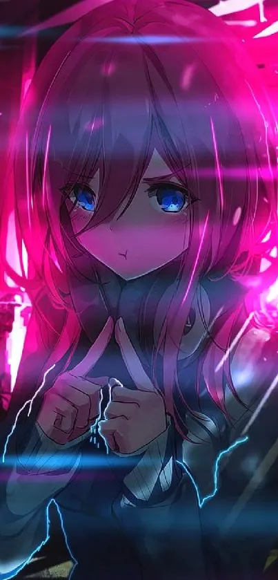 Anime girl with vibrant pink hair and blue eyes in a colorful background.