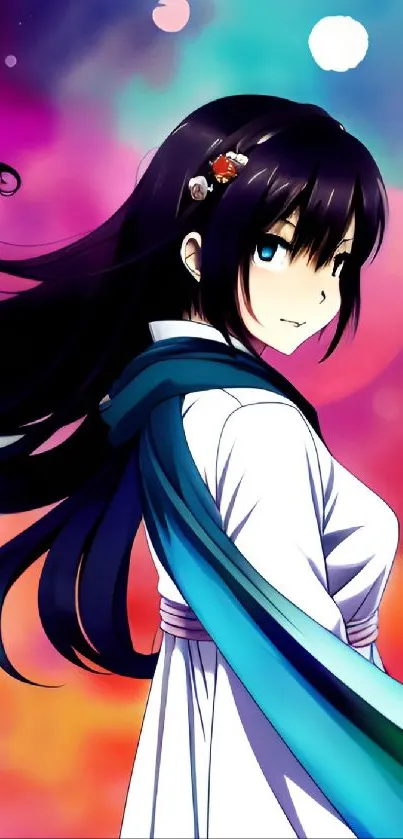 Colorful anime girl with flowing hair, vibrant background.