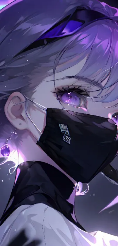 Anime character with purple hair and mask in vibrant design.