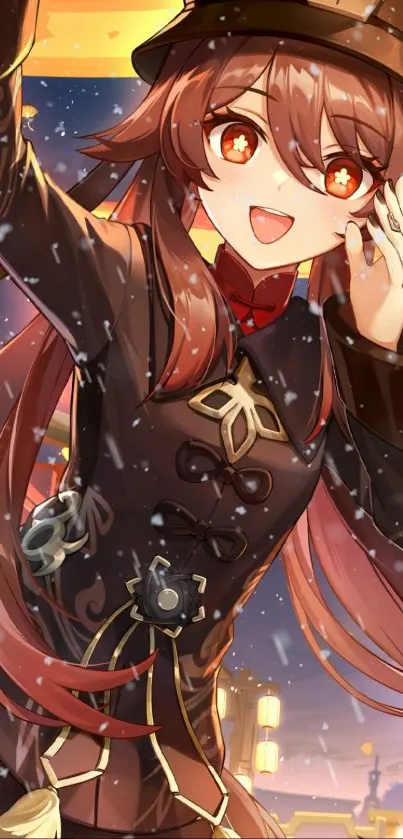Anime girl with dark brown hair under a snowfall in vibrant design.