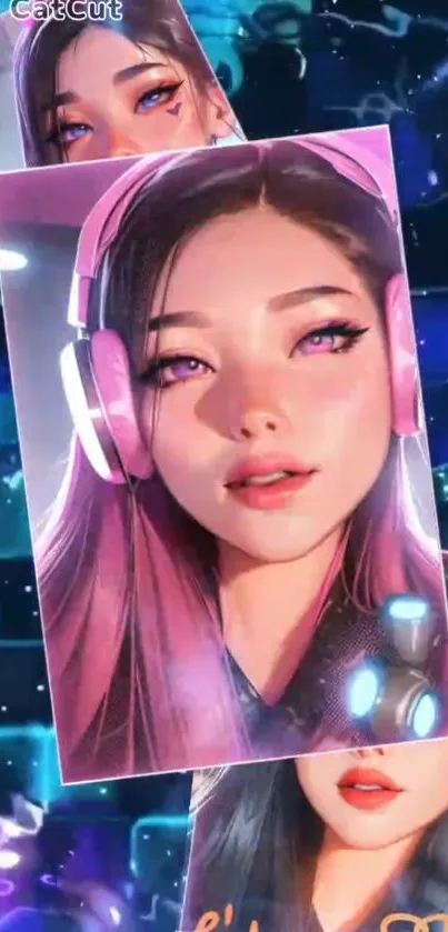 Anime girl with vibrant pink headphones and neon background.