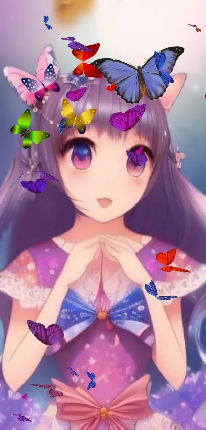 Anime girl with colorful butterflies in a vibrant purple background.