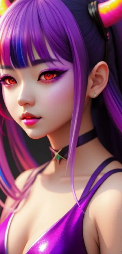 Anime girl with purple hair and horns, vibrant wallpaper.