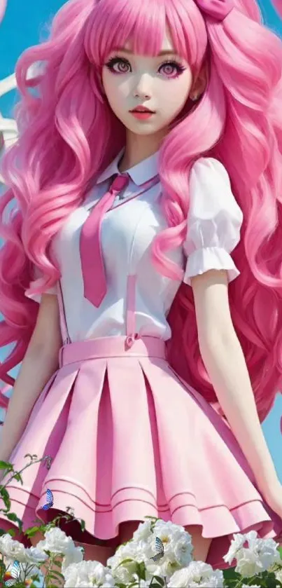 Anime girl with pink hair and outfit in a colorful setting.