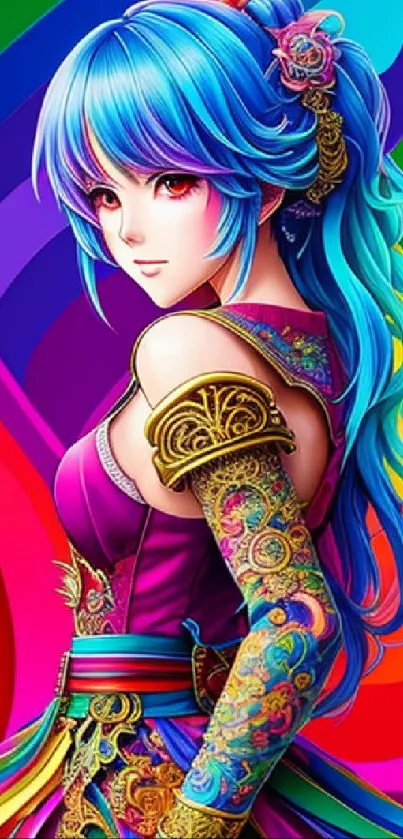 Vibrant anime girl with rainbow colors and intricate details.