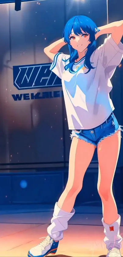 Anime girl in vibrant blue setting with dynamic pose.