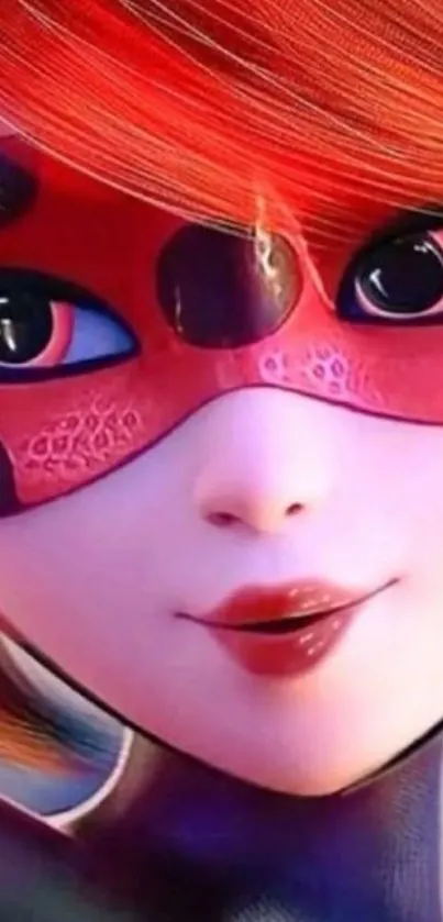 Anime girl with red hair and mask, vibrant and artistic design.