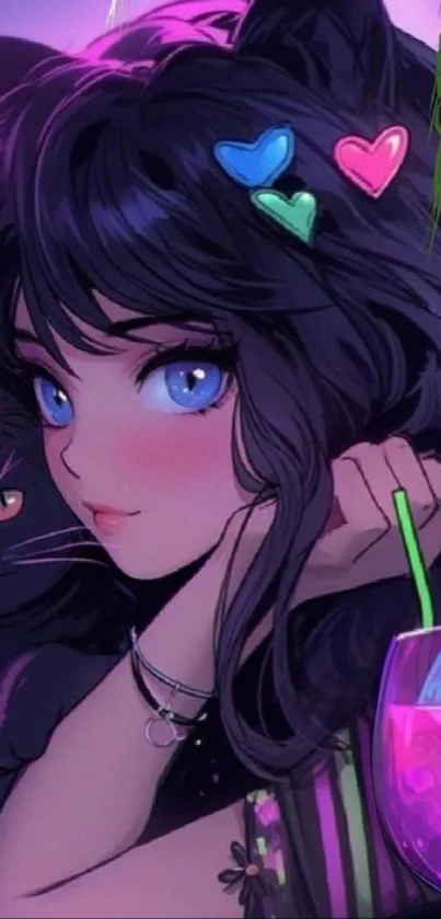 Anime girl with black cat and vibrant colors.