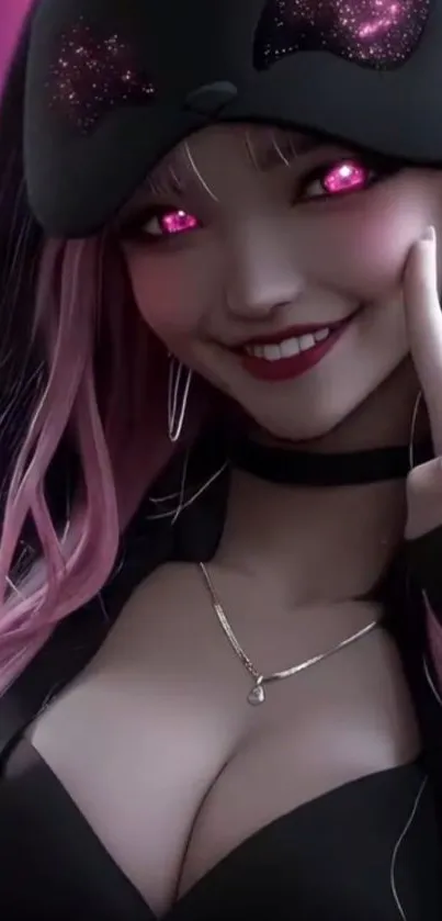 Anime girl with pink eyes and vibrant colors.