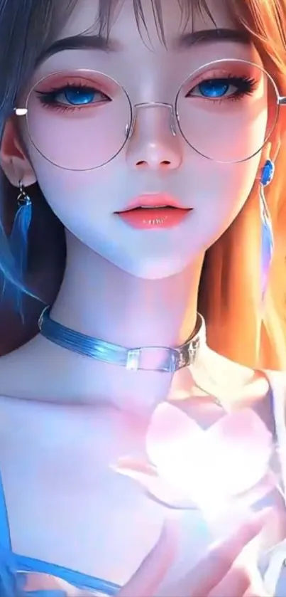 Anime girl with blue eyes and glasses, glowing light in hands.