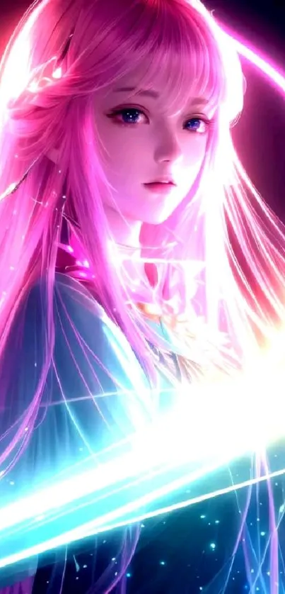 Anime girl with pink hair and glowing light effects.