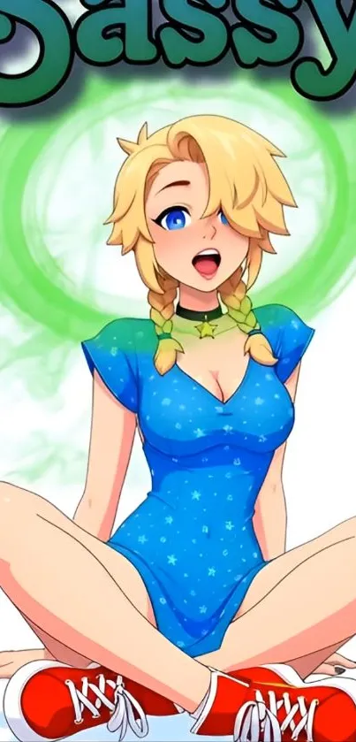 Anime girl with blue dress and vibrant background.