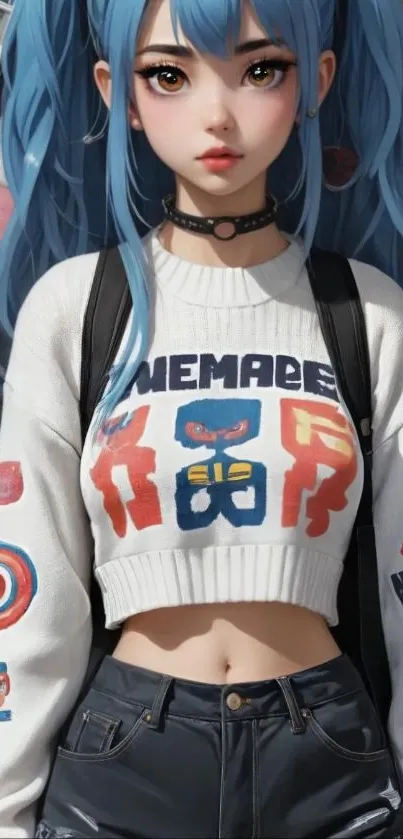 Anime girl with blue hair in vibrant artwork.