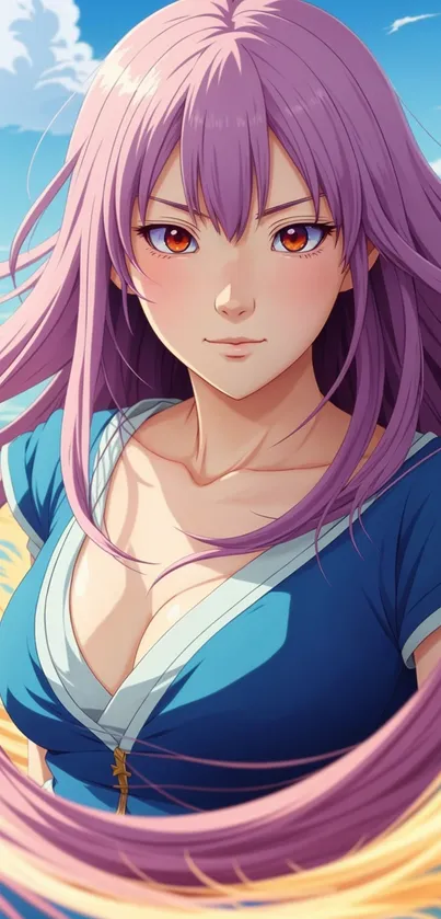 Anime girl with purple hair under a bright blue sky.