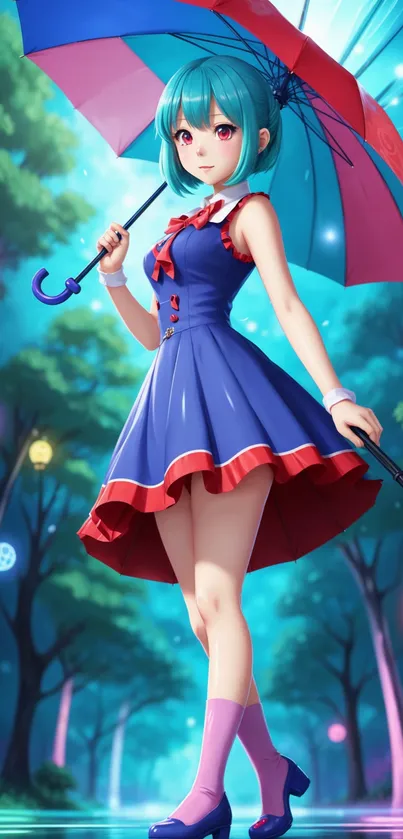 Anime girl with umbrella in mystic forest.