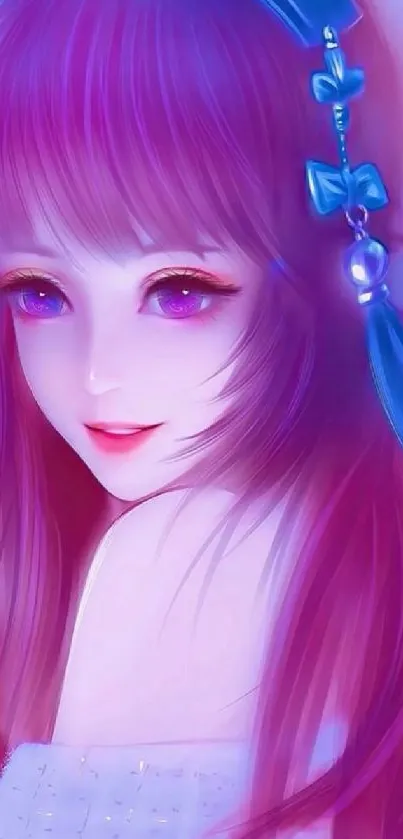 Anime girl with purple hues and vibrant design, perfect for mobile wallpaper.