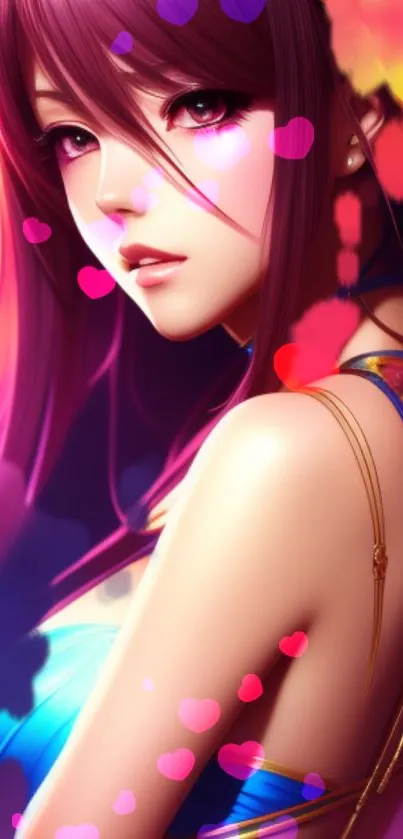 Anime girl with vibrant colors and heart bokeh overlay.