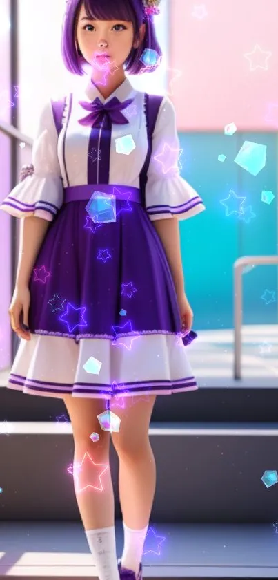 Anime girl in purple dress with stars and crystals on stairs.