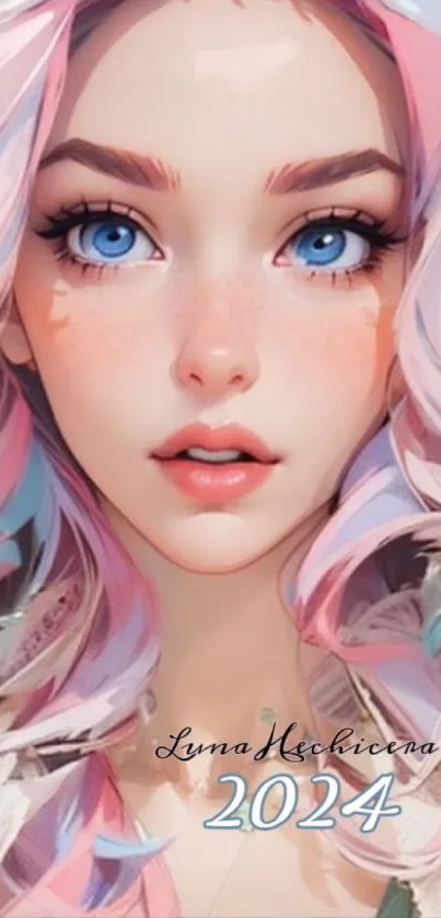 Anime girl with blue eyes and pastel hair mobile wallpaper.