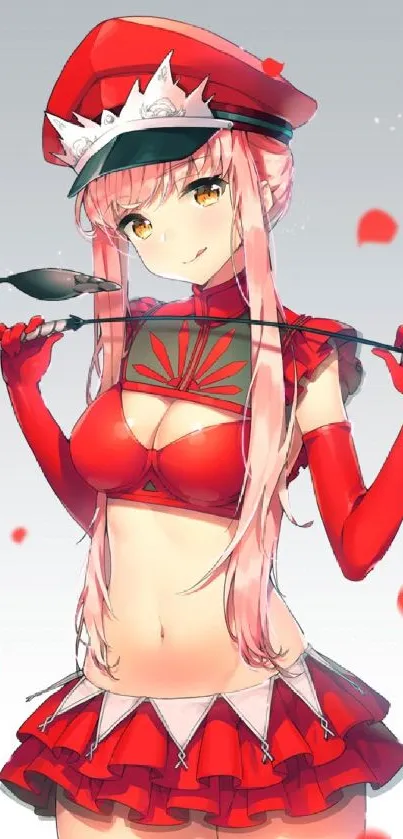 Anime girl in red outfit with vibrant background and floating petals.