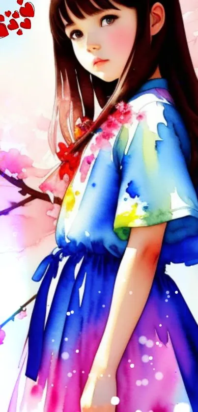 Anime girl with flowers in vibrant watercolor design.