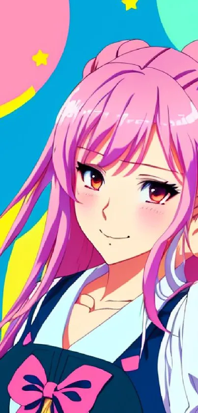 Anime girl with pink hair on vibrant, colorful background.