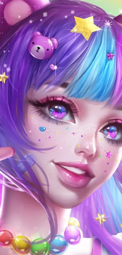 Vibrant anime girl with colorful hair and stars.