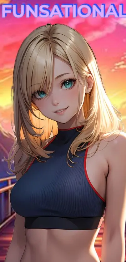 Anime girl with blonde hair at sunset background.