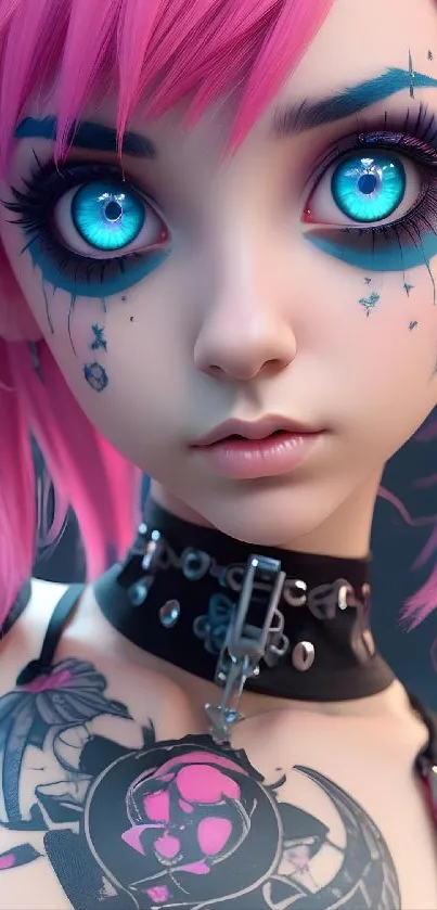 Anime girl with pink hair, blue eyes, and tattoos.