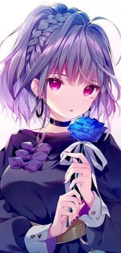 Anime girl with purple hair holding a blue rose, featuring vibrant colors.