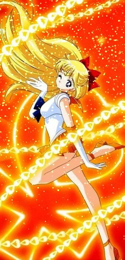 Vibrant anime girl with flowing hair and glowing effects on a red-orange background.