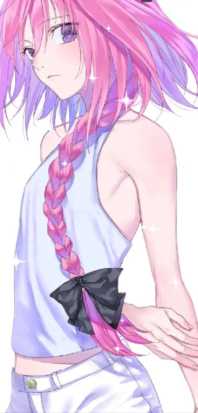 Anime girl with pink hair and braid on a colorful mobile wallpaper.