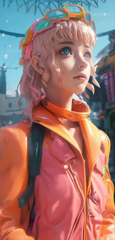 Vibrant anime girl in an urban setting with colorful attire.