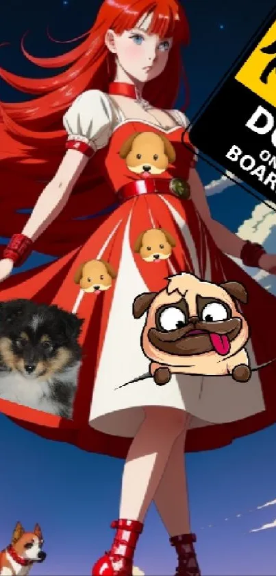 Anime girl in red dress with playful dogs and a 'Dog on Board' sign.