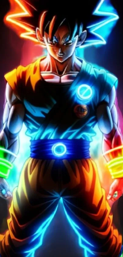 Vibrant neon anime wallpaper featuring Goku with glowing energy.