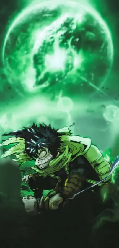 Dynamic anime character with green neon background.