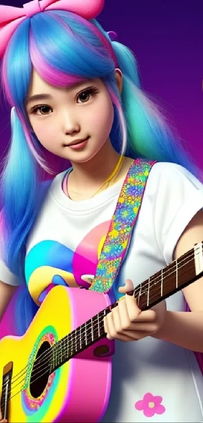 Anime girl with guitar in vibrant colors, perfect for a lively mobile wallpaper.