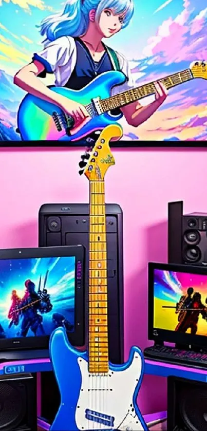 Anime character with guitar on a vibrant digital wallpaper.