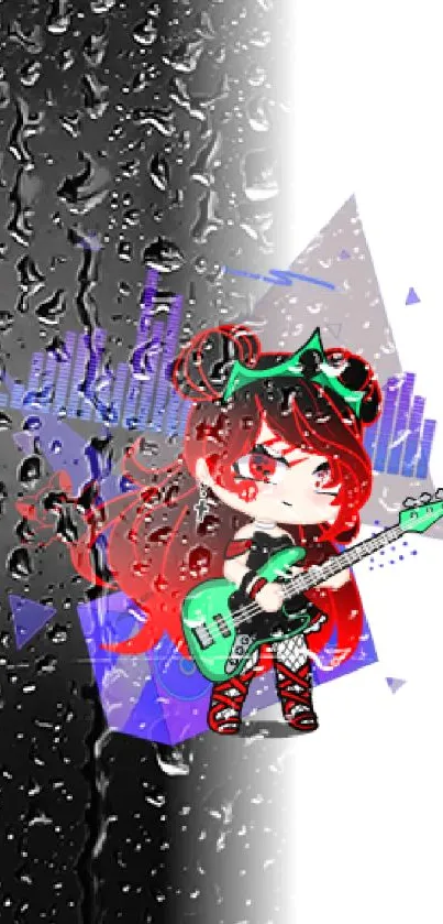 Anime guitarist on black and white gradient background, vibrant colors.