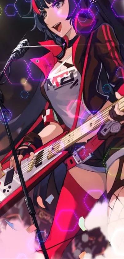 Vibrant anime guitarist with electric guitar and colorful background.