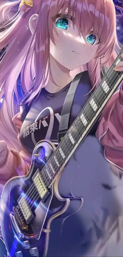 Anime character playing guitar in colorful setting.