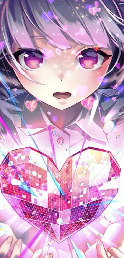 Anime character with vibrant eyes holding a colorful geometric heart.