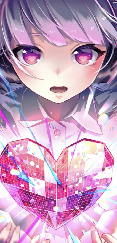Anime character holding glowing digital heart.