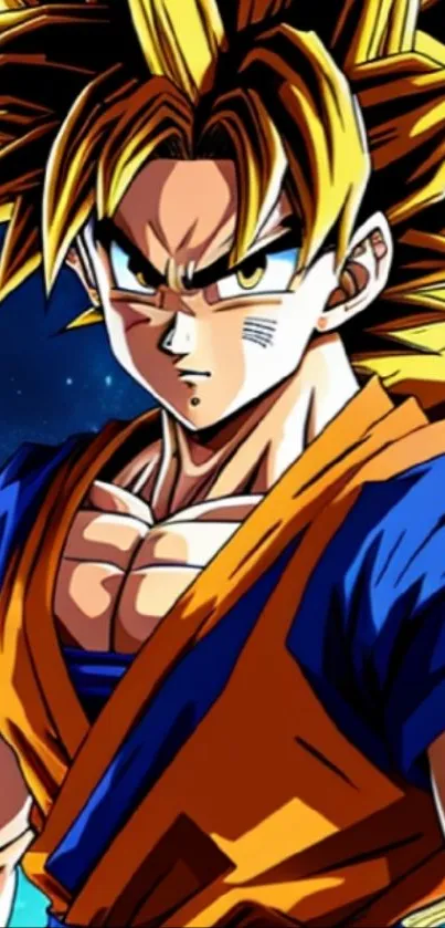 Dynamic anime hero with vibrant colors and intense expression on phone wallpaper.