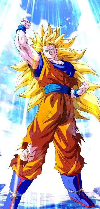 Anime hero with glowing aura on vibrant mobile wallpaper.